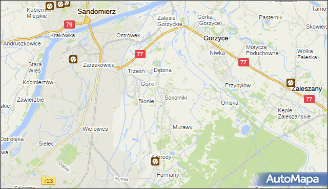 mapa Sokolniki gmina Gorzyce, Sokolniki gmina Gorzyce na mapie Targeo