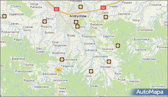 mapa Sułkowice gmina Andrychów, Sułkowice gmina Andrychów na mapie Targeo