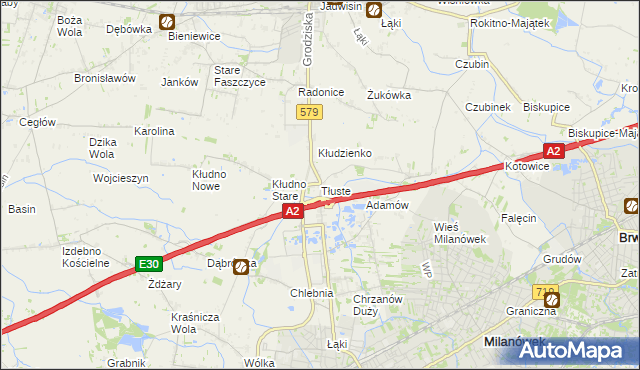 mapa Tłuste gmina Grodzisk Mazowiecki, Tłuste gmina Grodzisk Mazowiecki na mapie Targeo