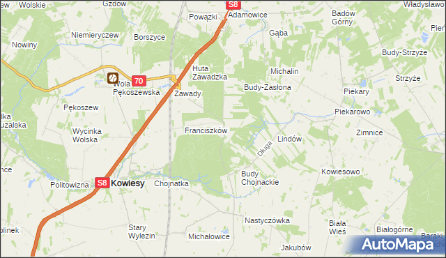 mapa Ulaski gmina Kowiesy, Ulaski gmina Kowiesy na mapie Targeo