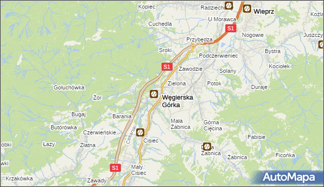 mapa Węgierska Górka, Węgierska Górka na mapie Targeo