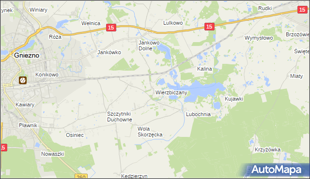 mapa Wierzbiczany gmina Gniezno, Wierzbiczany gmina Gniezno na mapie Targeo