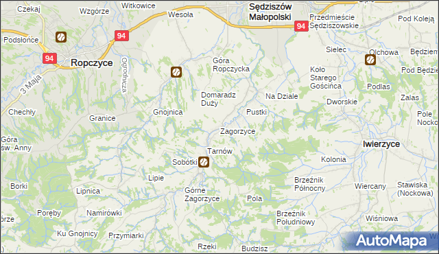 mapa Zagorzyce gmina Sędziszów Małopolski, Zagorzyce gmina Sędziszów Małopolski na mapie Targeo