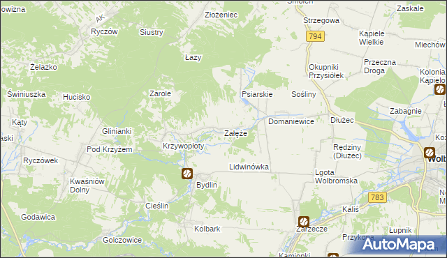 mapa Załęże gmina Wolbrom, Załęże gmina Wolbrom na mapie Targeo