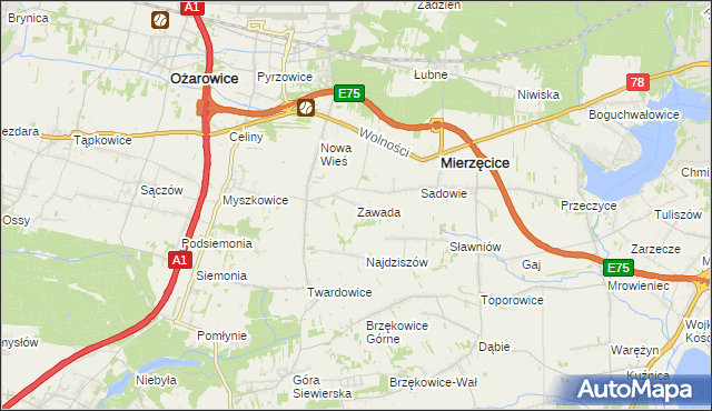mapa Zawada gmina Mierzęcice, Zawada gmina Mierzęcice na mapie Targeo