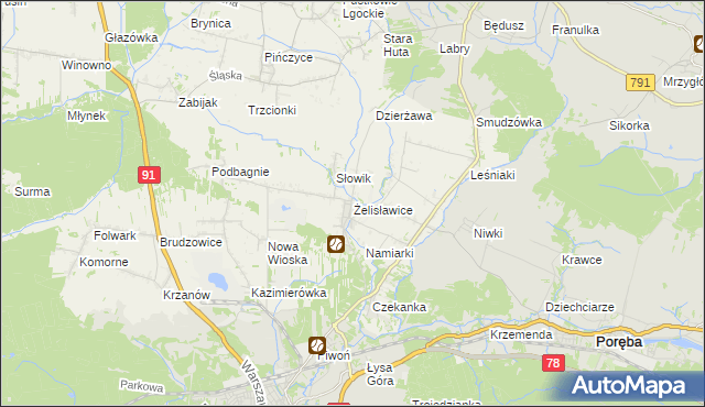 mapa Żelisławice gmina Siewierz, Żelisławice gmina Siewierz na mapie Targeo