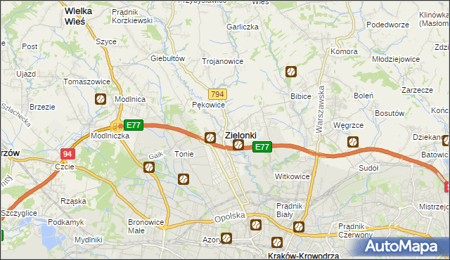 mapa Zielonki powiat krakowski, Zielonki powiat krakowski na mapie Targeo