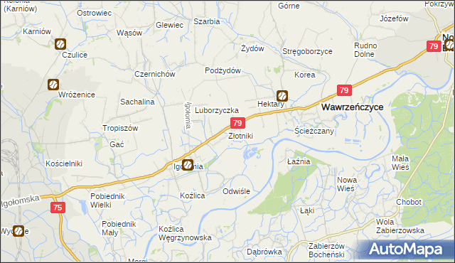 mapa Złotniki gmina Igołomia-Wawrzeńczyce, Złotniki gmina Igołomia-Wawrzeńczyce na mapie Targeo