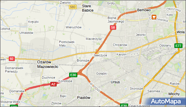 mapa Jawczyce gmina Ożarów Mazowiecki, Jawczyce gmina Ożarów Mazowiecki na mapie Targeo