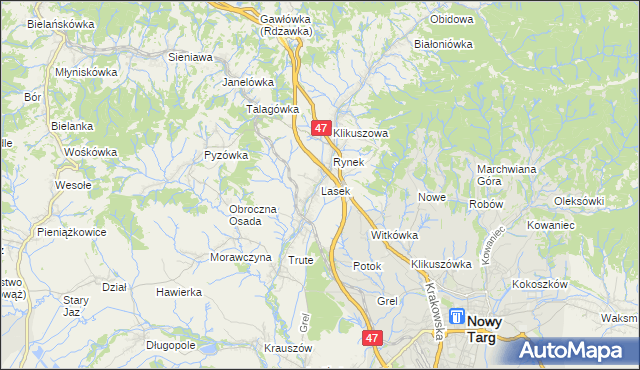 mapa Lasek gmina Nowy Targ, Lasek gmina Nowy Targ na mapie Targeo