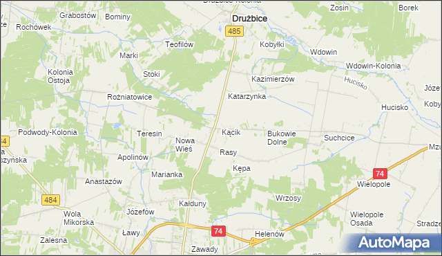 mapa Kącik gmina Drużbice, Kącik gmina Drużbice na mapie Targeo