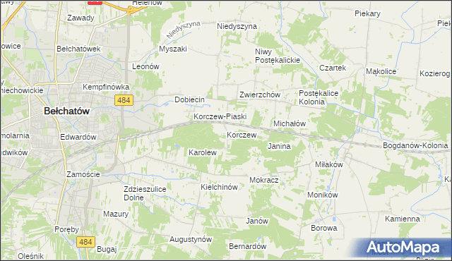 mapa Korczew gmina Bełchatów, Korczew gmina Bełchatów na mapie Targeo