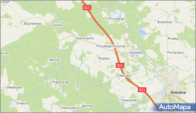 mapa Różany gmina Bobolice, Różany gmina Bobolice na mapie Targeo