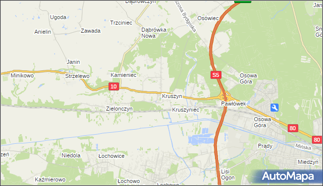 mapa Kruszyn gmina Sicienko, Kruszyn gmina Sicienko na mapie Targeo