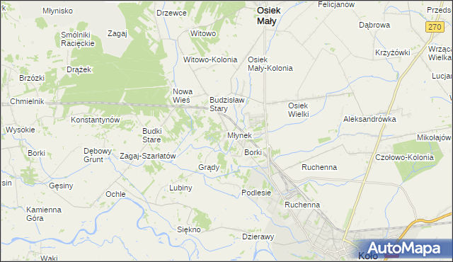 mapa Młynek gmina Osiek Mały, Młynek gmina Osiek Mały na mapie Targeo