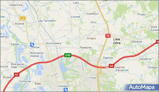 mapa Pawęzów gmina Lisia Góra, Pawęzów gmina Lisia Góra na mapie Targeo