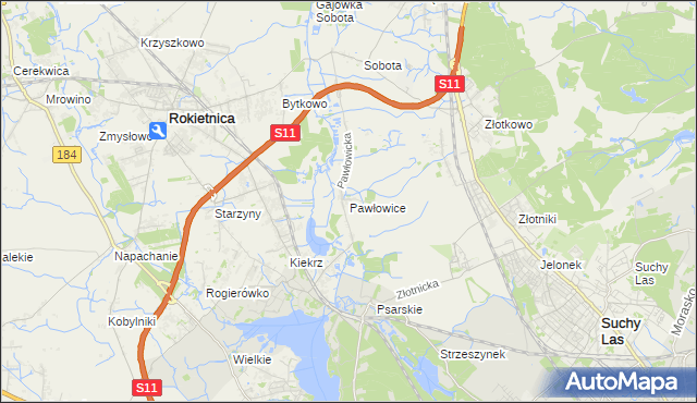 mapa Pawłowice gmina Rokietnica, Pawłowice gmina Rokietnica na mapie Targeo