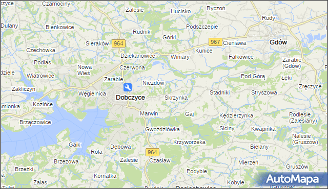 mapa Skrzynka gmina Dobczyce, Skrzynka gmina Dobczyce na mapie Targeo