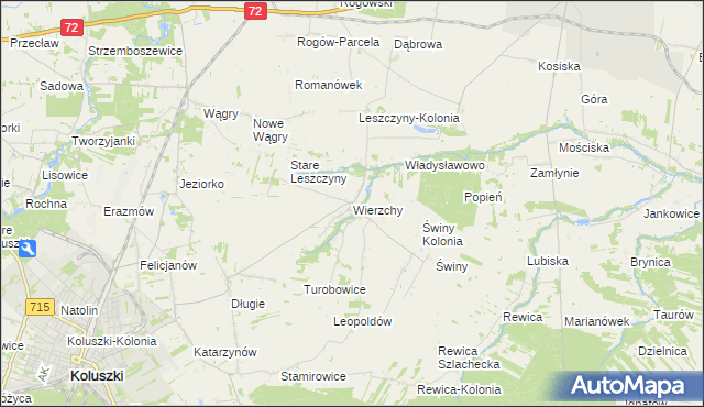 mapa Wierzchy gmina Koluszki, Wierzchy gmina Koluszki na mapie Targeo