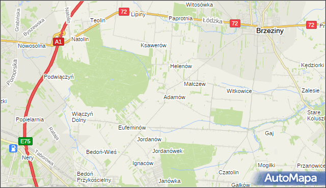 mapa Adamów gmina Brzeziny, Adamów gmina Brzeziny na mapie Targeo
