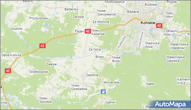 mapa Brody gmina Końskie, Brody gmina Końskie na mapie Targeo