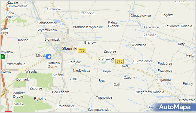 mapa Brończyce gmina Słomniki, Brończyce gmina Słomniki na mapie Targeo