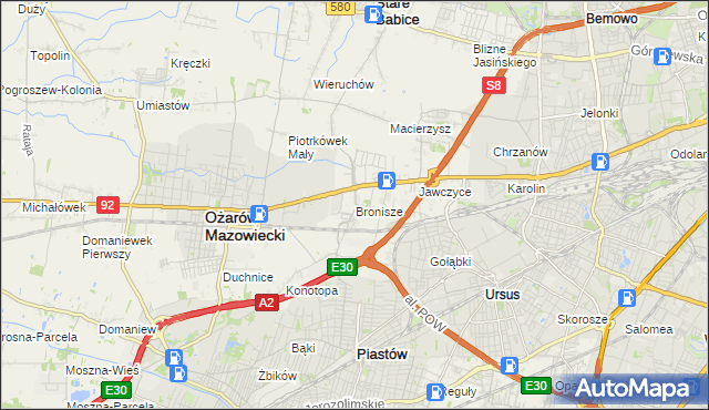 mapa Bronisze gmina Ożarów Mazowiecki, Bronisze gmina Ożarów Mazowiecki na mapie Targeo