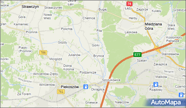 mapa Brynica gmina Piekoszów, Brynica gmina Piekoszów na mapie Targeo