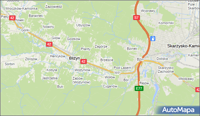 mapa Brzeście gmina Bliżyn, Brzeście gmina Bliżyn na mapie Targeo