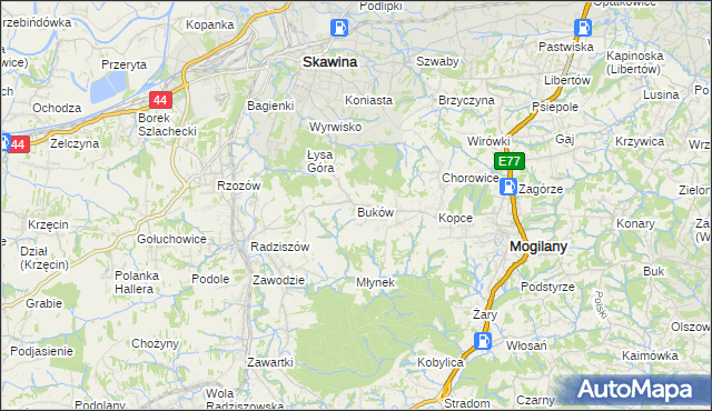 mapa Buków gmina Mogilany, Buków gmina Mogilany na mapie Targeo