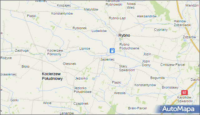 mapa Jasieniec gmina Rybno, Jasieniec gmina Rybno na mapie Targeo