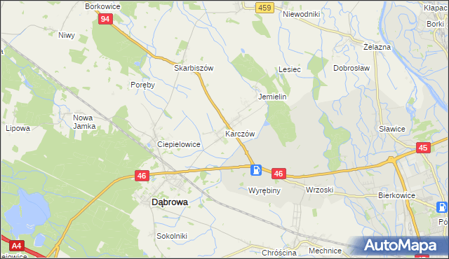 mapa Karczów gmina Dąbrowa, Karczów gmina Dąbrowa na mapie Targeo