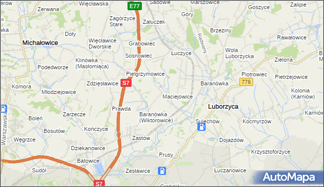 mapa Maciejowice gmina Kocmyrzów-Luborzyca, Maciejowice gmina Kocmyrzów-Luborzyca na mapie Targeo