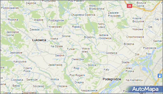 mapa Mokra Wieś gmina Podegrodzie, Mokra Wieś gmina Podegrodzie na mapie Targeo