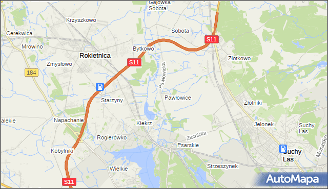 mapa Pawłowice gmina Rokietnica, Pawłowice gmina Rokietnica na mapie Targeo