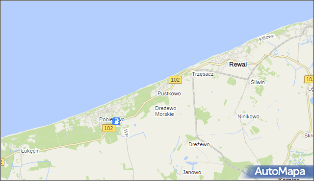 mapa Pustkowo gmina Rewal, Pustkowo gmina Rewal na mapie Targeo