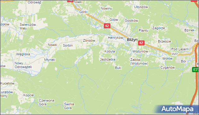 mapa Jastrzębia gmina Bliżyn, Jastrzębia gmina Bliżyn na mapie Targeo