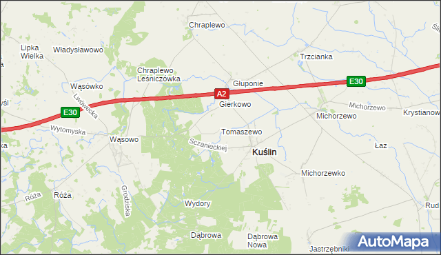 mapa Tomaszewo gmina Kuślin, Tomaszewo gmina Kuślin na mapie Targeo