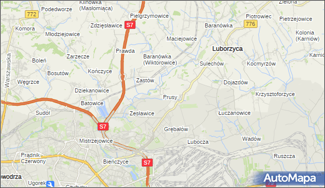 mapa Prusy gmina Kocmyrzów-Luborzyca, Prusy gmina Kocmyrzów-Luborzyca na mapie Targeo