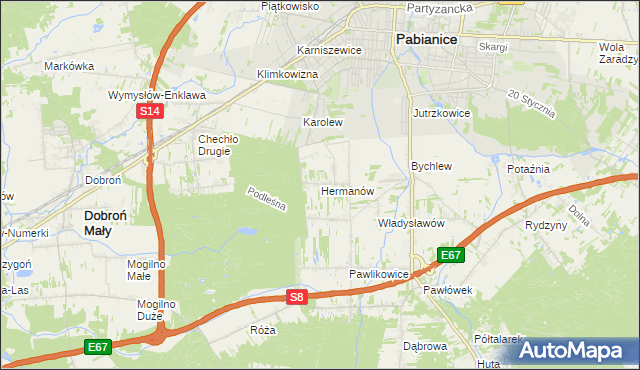 mapa Hermanów gmina Pabianice, Hermanów gmina Pabianice na mapie Targeo