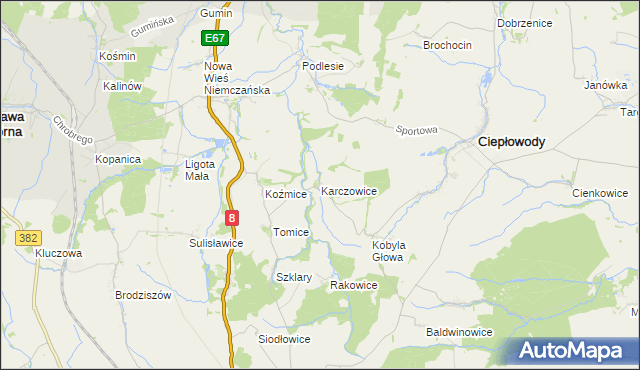 mapa Karczowice gmina Ciepłowody, Karczowice gmina Ciepłowody na mapie Targeo