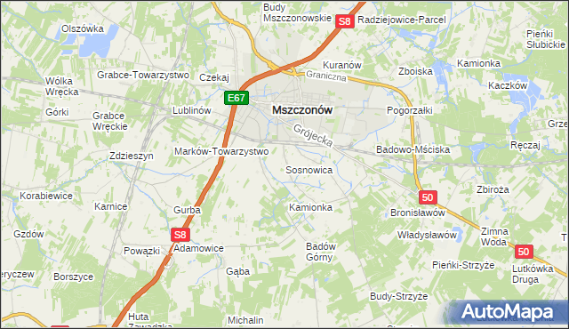 mapa Sosnowica gmina Mszczonów, Sosnowica gmina Mszczonów na mapie Targeo