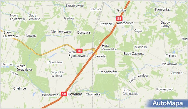 mapa Zawady gmina Kowiesy, Zawady gmina Kowiesy na mapie Targeo