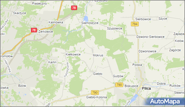 mapa Mokrus gmina Ogrodzieniec, Mokrus gmina Ogrodzieniec na mapie Targeo