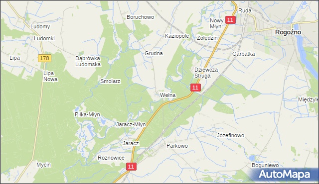 mapa Wełna gmina Rogoźno, Wełna gmina Rogoźno na mapie Targeo