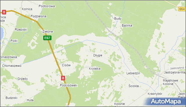 mapa Długie gmina Sztabin, Długie gmina Sztabin na mapie Targeo