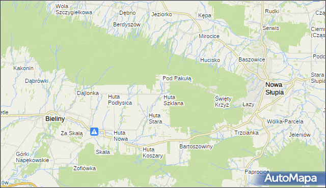 mapa Huta Szklana gmina Bieliny, Huta Szklana gmina Bieliny na mapie Targeo
