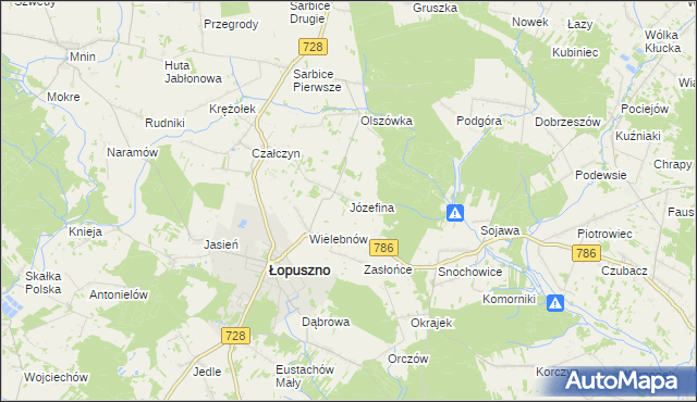 mapa Józefina gmina Łopuszno, Józefina gmina Łopuszno na mapie Targeo