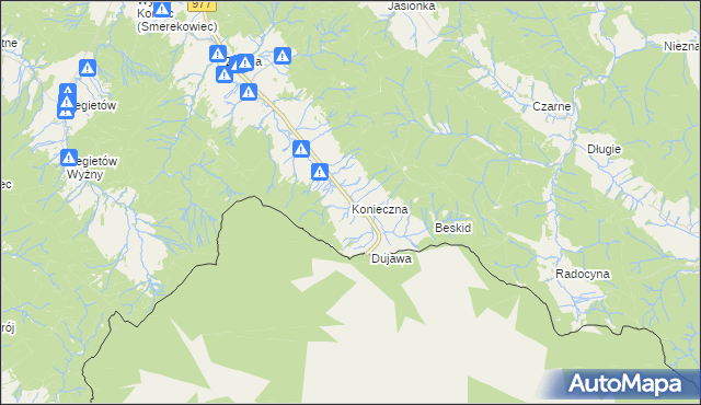 mapa Konieczna gmina Uście Gorlickie, Konieczna gmina Uście Gorlickie na mapie Targeo