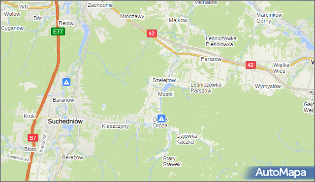 mapa Mostki gmina Suchedniów, Mostki gmina Suchedniów na mapie Targeo